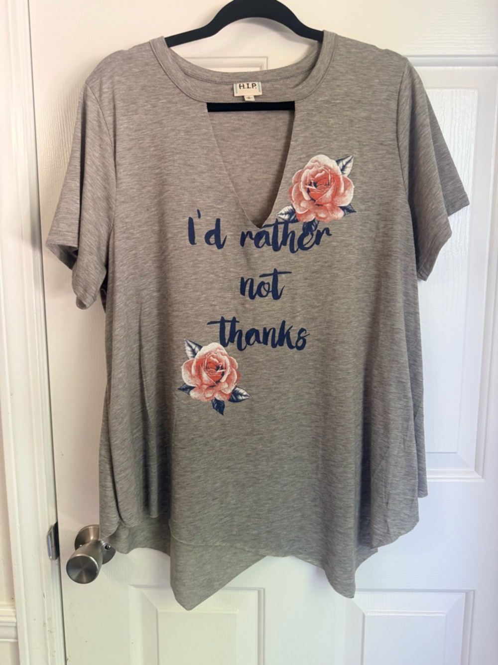 h.i.p. Gray V-Notch Tee with Navy Script and Pink Rose Prints